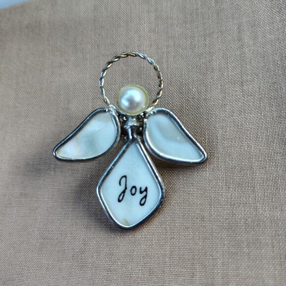 Joy Angel Lapel Pin Silver Tone and White Mother of Pearl - Picture 1 of 9